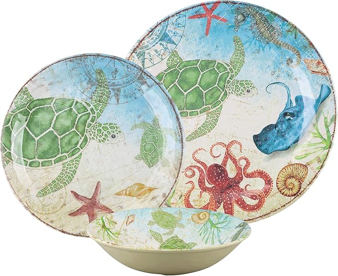 UPware 12 Piece Sea Turtle Melamine Dinnerware Sets Outdoor Dishes Set Plates and Bowls Sets Service for 4 Multicolor