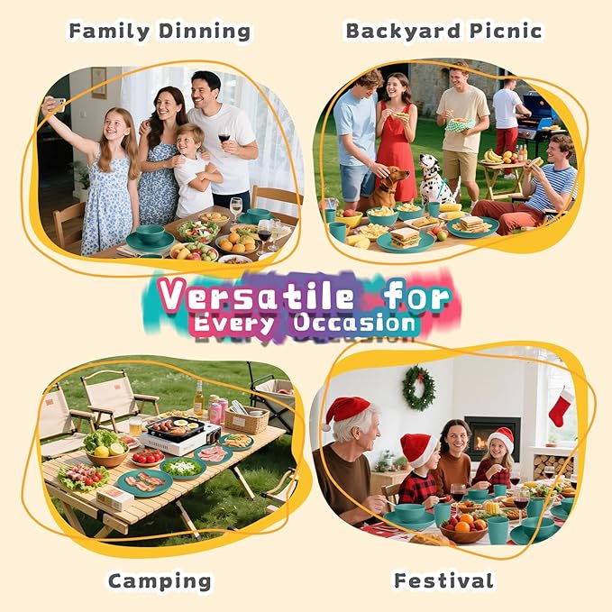 Wheat Straw Dinnerware Sets 32 PCS Dishes Set for 8 Unbreakable Plates and Bowls Sets Microwave Safe Dinnerware Set for Kitchen Outdoor Camping RV - Green