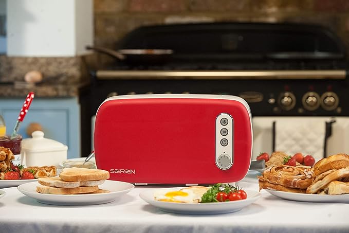BergHOFF Seren Side Loading Toaster with Cool Touch Exterior and Removable Crumb Tray With Red Panel use as Serving Tray