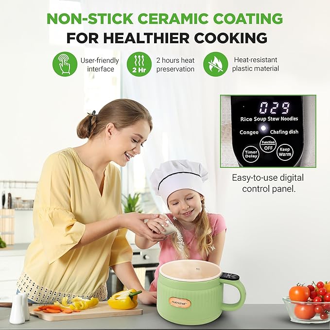 NutriChef 1.6 QT Portable Electric Rice Cooker &amp Lunch Maker | Multi-Functional &amp Non-Stick Ceramic Coating | Digital Control Panel | 6 Cook Functions: Rice Soup Stew Porridge &amp More |