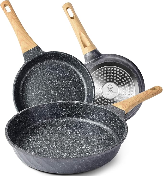 YIIFEEO Frying Pans Nonstick Induction Frying Pan Set Granite Skillet Pans for Cooking Omelette Pan Cookware Set with Heat-Resistant Handle Christmas Gift for Women (8 &amp9.5 &amp11)