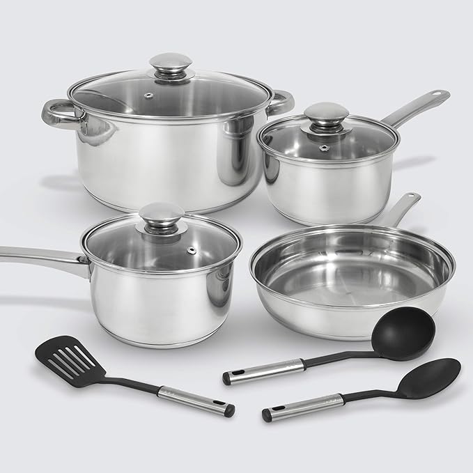 EXCELSTEEL w/Encapsulated Base &amp Tools Versatile for Any Kitchen Stainless Cookware Set 10 Pc