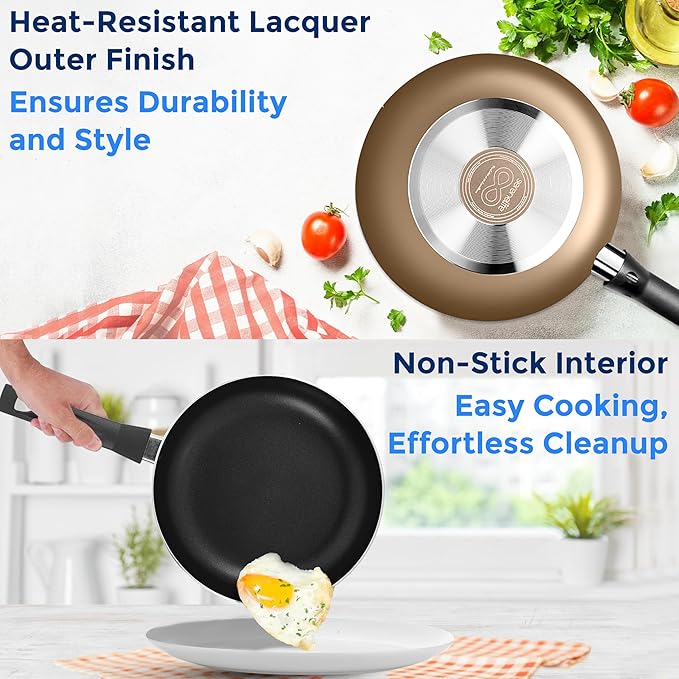 SereneLife 6-Piece Pots and Pans Set – Nonstick Cookware Black Coating Heat-Resistant Dishwasher safe Includes Fry Pans Saucepans with Lids Color Gold