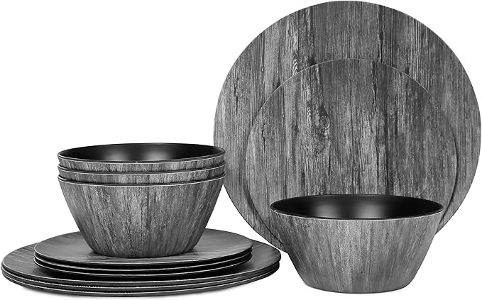 Melamine Dinnerware Set – Rustic 12 Piece Plates and Bowls Heavy Duty Dishes for Indoor Outdoor Use Break-Resistant Dishwasher SafeBlack Wood Grain