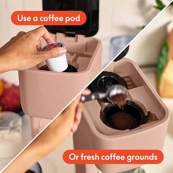 BELLA Single Serve Coffee Maker K Cup &amp Coffee Ground Compatible with Removable Adjustable Drip Tray Auto Shutoff &amp Reusable Dishwasher Safe Accessories Brews 6oz to 14oz 1000 Watt Bloss