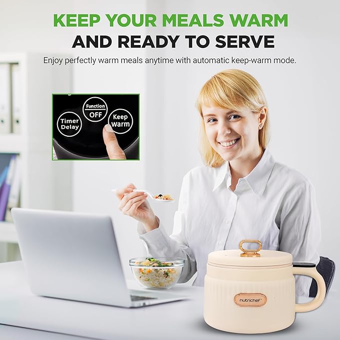 NutriChef 1.6 QT Portable Electric Rice Cooker &amp Lunch Maker | Multi-Functional &amp Non-Stick Ceramic Coating | Digital Control Panel | 6 Cook Functions: Rice Soup Stew Porridge &amp More |