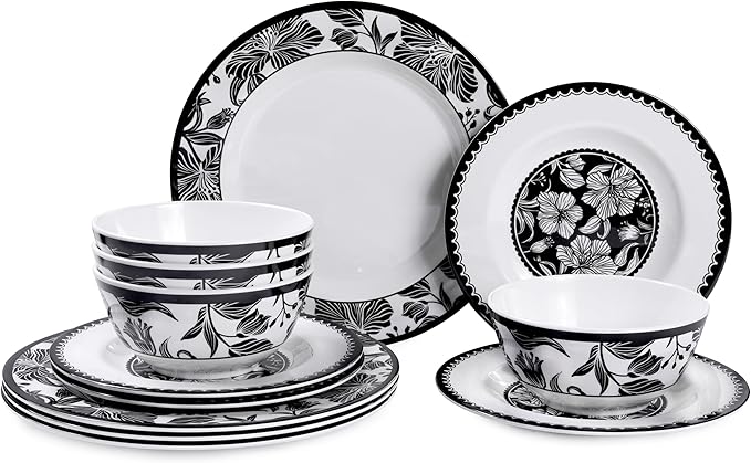 Melamine Dinnerware Sets 12pcs-Melamine Plates and Bowls Set Black Flower Lily Pattern Indoor Outdoor Use Unbreakable Dishwasher Safe