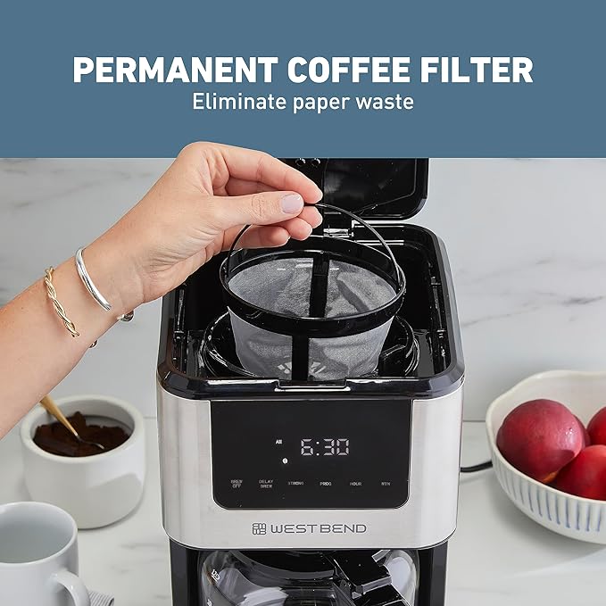 West Bend Drip Coffee Maker Brews Hot or Iced Programmable with Brew Strength Selector Auto Shut-Off and 6 Functions Permanent Mesh Filter and Glass Carafe 12-Cup Metallic