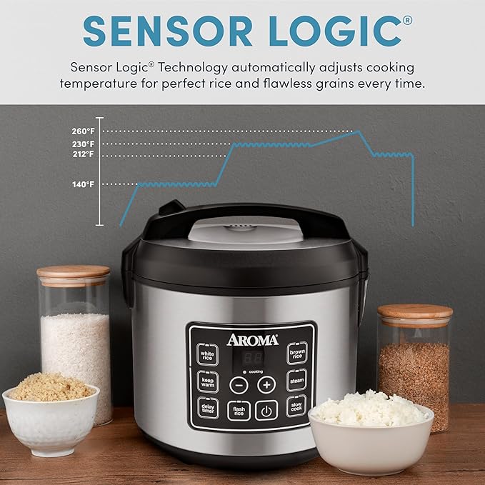 Aroma Housewares 20 Cup Cooked (10 cup uncooked) Digital Rice Cooker Slow Cooker Food Steamer SS Exterior (ARC-150SB)Black