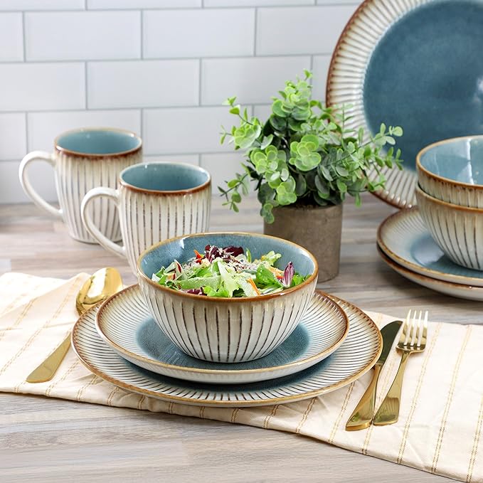 Elama 16 Piece Stonewre Dinnerware/Tableware Set Service for 4 Textured Design Color Rim Place Settings (Louann)
