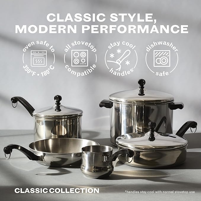 Farberware Classic Series Anniversary Edition Stainless Steel Cookware Set and Lids Induction Ready Dishwasher Safe 8 Piece Pots and Pans Metal Utensil Safe - Stainless Steel