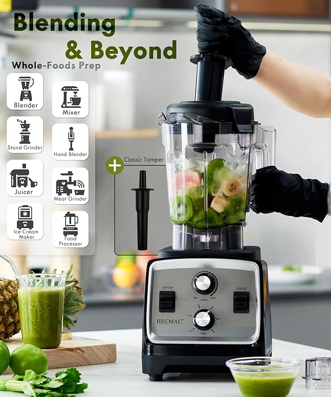 HECMAC 3-Peak HP Blender - 2200W Max/1400W Rated 68oz BPA-Free Pitcher Easy to Use Self-Clean Tamper - Smoothies Ice Crush Frozen Drinks Food Prep - Home &amp Commercial 110V