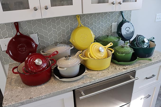 Larder &amp Vine 5-Piece Enameled Cast Iron Cookware Set - Includes 5.7 Quart Dutch Oven with Lid 10.25 Inch Skillet 2.2 Quart Saucepan with Lid (Limoncello)
