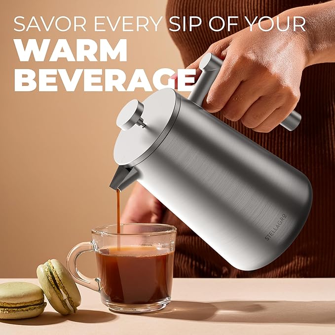 French Press Coffee Maker Stainless Steel French Press 34 Oz / 1L Large Insulated Double Wall Coffee Maker with 3 Extra Mesh Filters Satin Finish Silver