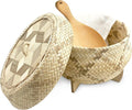 Handmade 100% Natural Thai Bamboo Sticky Rice “Electric Cooker Steamer Set” Small Pot Insert ~ 6.5 Inch Checkered Wicker Woven Lid 16’’ Cheesecloth Filter and Wooden Spoon