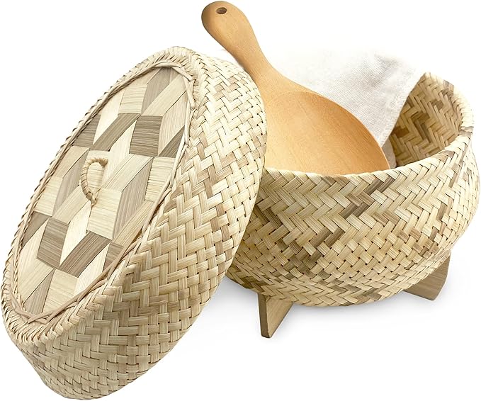 Handmade 100% Natural Thai Bamboo Sticky Rice “Electric Cooker Steamer Set” Small Pot Insert ~ 6.5 Inch Checkered Wicker Woven Lid 16’’ Cheesecloth Filter and Wooden Spoon