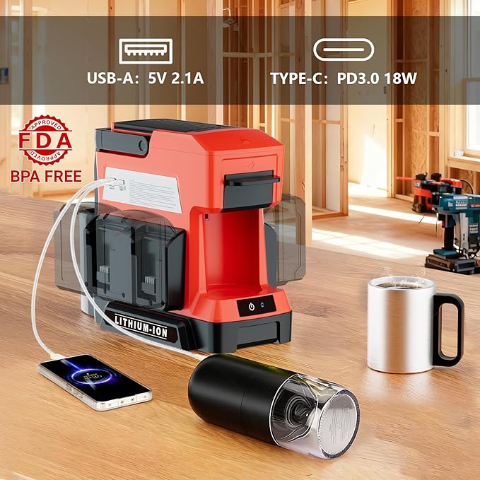 Cordless Coffee Maker for Milwaukee 18V Battery 3 Brewing Options Drip Coffee Maker with Coffee Grinder Portable Single Serve Coffee Makers for Camping Travel and Jobsite. (Tool Only)