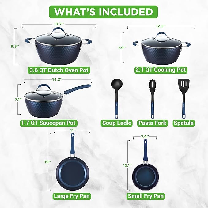 NutriChef 11-Piece Kitchen Cookware Set Non-Stick Pots and Pans Easy-to-Clean Kitchen Utensils Set with Ceramic Coating for Home Cooking Induction Safe Diamond Pattern