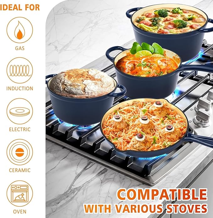 Hisencn Enameled Cast Iron Cookware Set - 7 Piece Dutch Ovens Set Sauce Pan Skillet 3 Lids Pots and Pans Set Ceramic Coated Cast Iron Heavy Duty Gas/Induction Compatible PFA Free