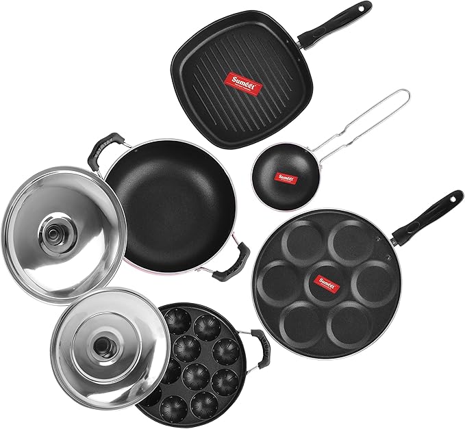 Sumeet 2.6mm Thick Non-Stick Red Wave Cookware set (Multi snack maker – 26.5cm Dia + Kadhai With Lid – 1.5Ltr + Grill Appam Patra With Lid – 23cm Dia + Grill Pan – 1.1Ltr + Tadka Pan – 10cm Dia)