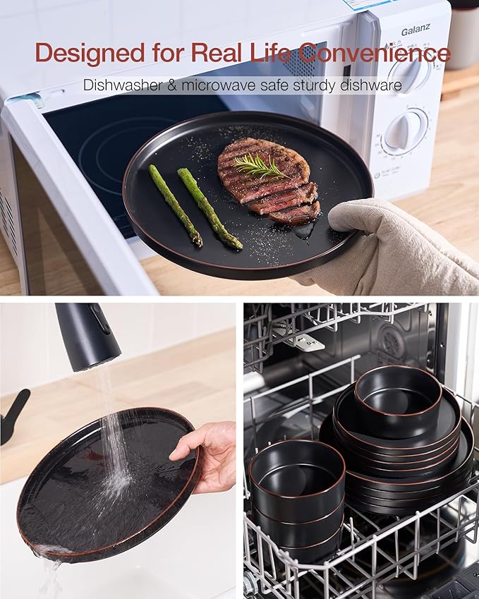 Famiware Nebula Ridge Stoneware Dinnerware Sets for 8 24 Pieces Plates and Bowls Sets Dishes Set Microwave and Dishwasher Safe Kitchen Plates Matte Black
