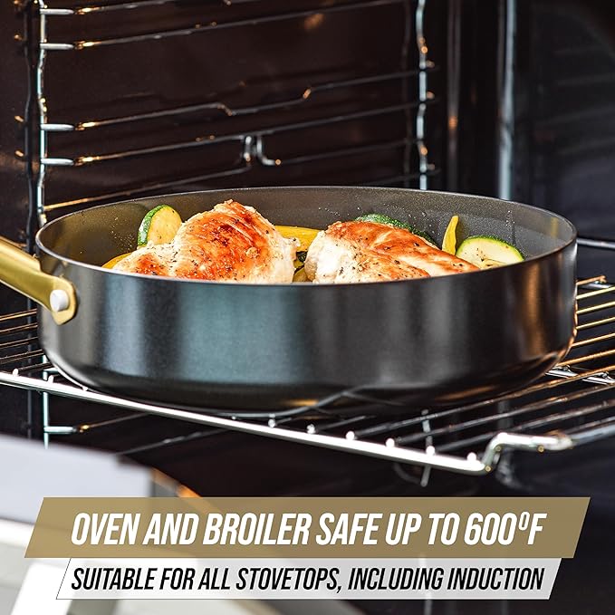 Blue Diamond Gold 10 Piece Cookware Pots and Pans Set Induction Suitable Diamond Infused PFAS-Free Ceramic Nonstick Durable Metal Utensil Safe Dishwasher Safe Gold Handle Black
