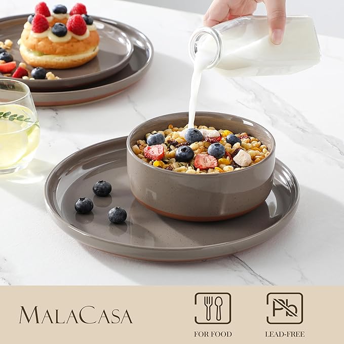 MALACASA Plates and Bowls Sets 24 Pieces Modern Ceramic Dinnerware Set for 8 Kitchen Dinner Set Stoneware Dishware Dishes Set Microwave and Dishwasher Safe Brown Series TARA