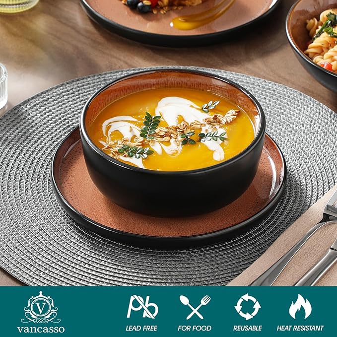 vancasso Plates and Bowls Sets 24 Pieces Stoneware Dinnerware Sets for 8 Kitchen Dish Set Mircowave and Dishwasher Safe Ceramic Dishware Dark Brown Series AMBER