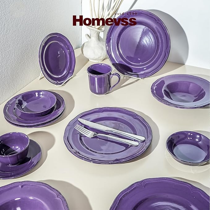 56pc Dinnerware Set Plate and Bowl Set Stoneware Dishes Set for 8 Microwave and Dishwahser Safe Scratch Resistant French Countryside Speckled Antique Purple