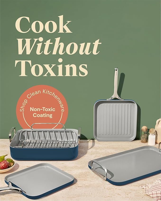 Caraway Square Cookware Set - Square Pans Set - Perfect for Griddling Toasting Searing Roasting and More - Non-Stick Ceramic Coated Pans - Non Toxic PTFE &amp PFOA Free - Navy