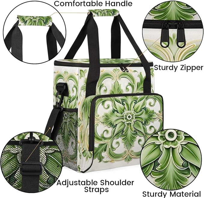 Green Floral Theme Coffee Maker Travel Bag for Keurig K-Mini/K-Mini Plus Insulated Waterproof Tote with Pockets for K-Cup Portable Single-Serve Brewer Case