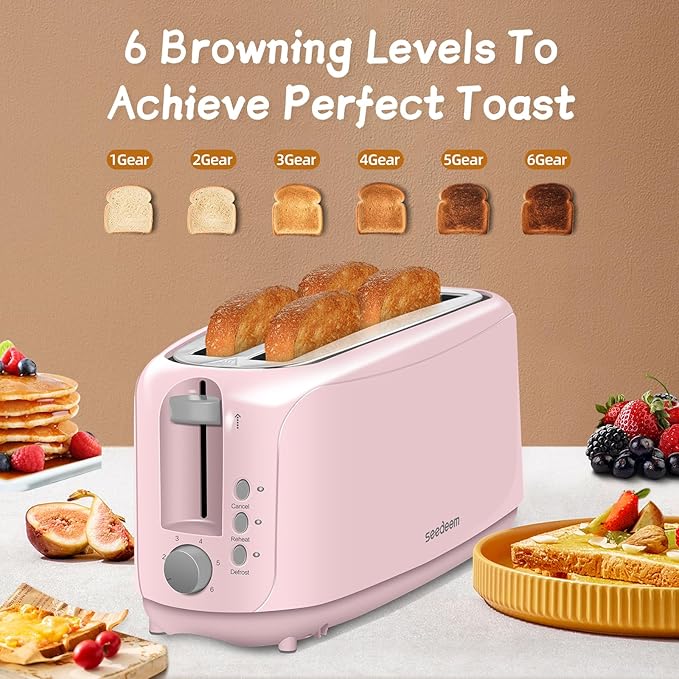 SEEDEEM 4 Slice Toaster Extra Wide Slots Bread Toaster with 6 Shade Settings Bagel/Cancel/Defrost/Reheat Functions Removable Crumb Tray Auto Shut-Off Pink