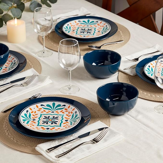 Tabletops Gallery 12-Piece Isabella Patterned Ceramic Dinnerware Set of Kitchen Dishes Dinner Plates Cereal Bowls Service for 4 Blue