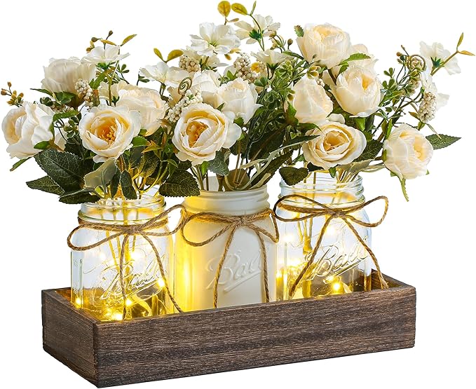 3 Pcs Mason Jar Centerpiece Table Decorations for Dining Table Decor Farmhouse Coffee Table Decor with Wood Tray and Led Light Table Centerpieces for Dining room Kitchen Living BathroomWhite