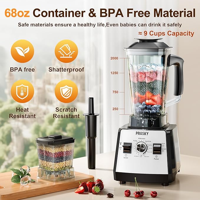 Blenders for Kitchen Smoothie Blender 2400W/1000W Prasky Blender &amp Grinder Combo 25000 RPM High Speed 68oz BPA-Free Food Processor Countertop Blender for Smoothies Shakes &amp Food (White