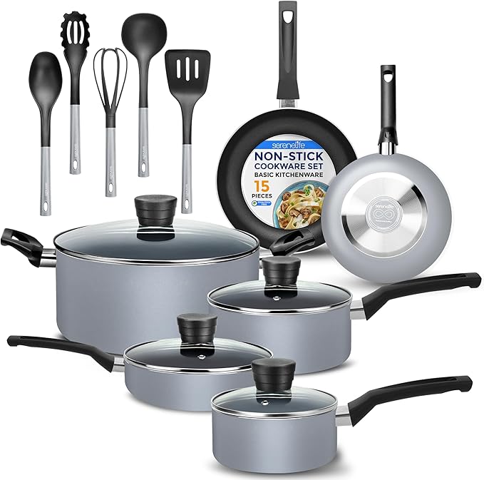 SereneLife Kitchenware Pots &amp Pans Basic Kitchen Cookware Black Non-Stick Coating Inside Heat Resistang Lacquer (11 Piece set) One Size Gray