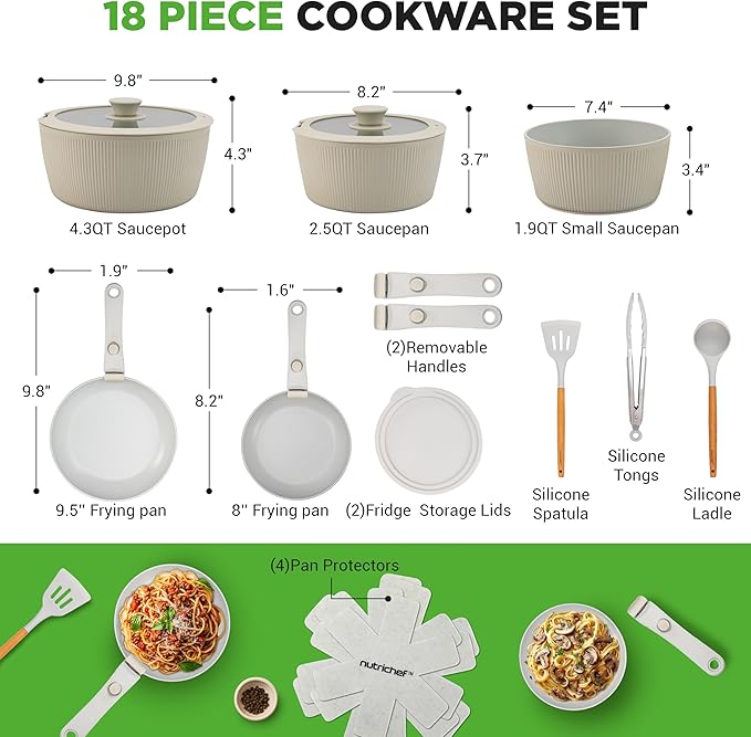 NutriChef 18-Piece Ceramic Cookware Set with Detachable Handles Non Stick Pots and Pans PTFE-Free Natural Ceramic Coating Space-Saving Design Oven &amp Stove Safe Includes Utensils Green