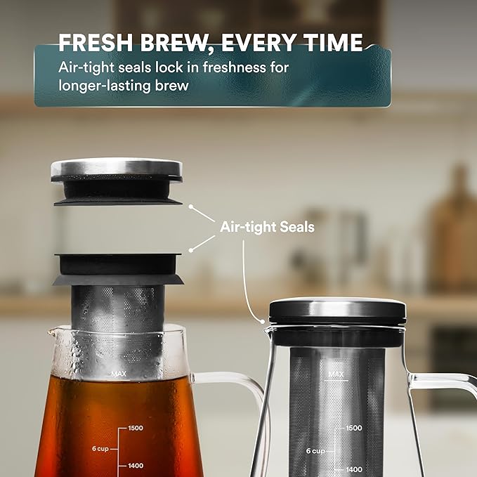ovalware Pour Over Coffee Dripper Maker Paperless Stainless Steel Filter Precision Measuring Cup and Carafe with Airtight Cold Brew Iced Coffee Maker Pitcher RJ3 Brewing Glass Carafe