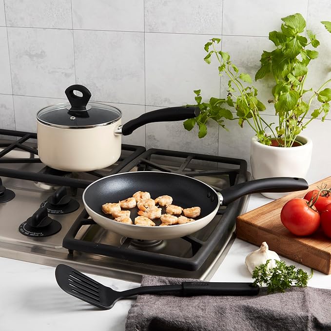 Basic Essentials 4-Piece Nonstick Aluminum Starter Cookware Set Fry Pan Skillet Saucepan Pot with Glass Lid and Nylon Spatula Turner Cream White