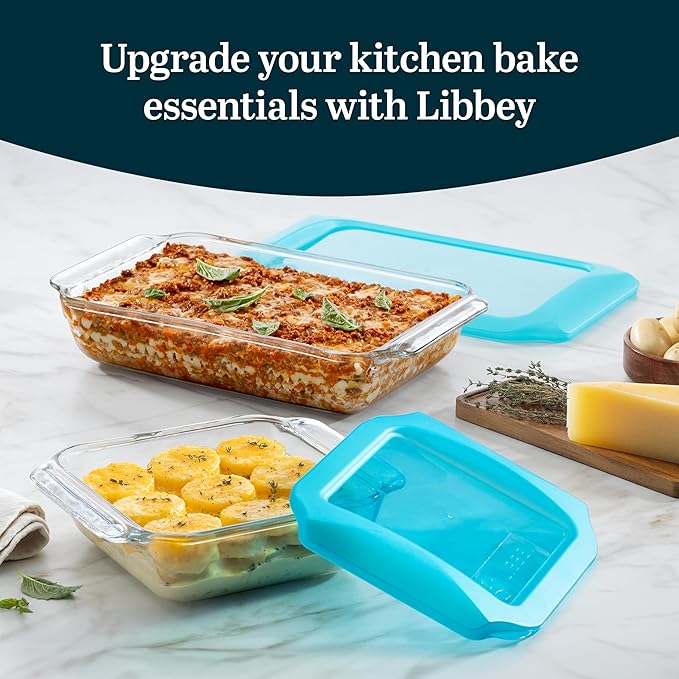 Libbey Baker’s Premium 5 Piece Glass Baking Dish Set Stackable Casserole Dish with Lid Set Baking Glassware for Casseroles Lasagna Brownies
