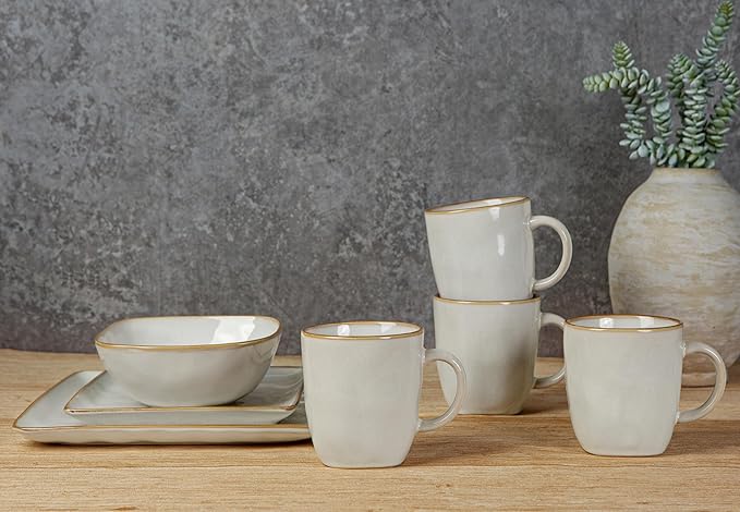 Famiware Ocean Square Plates and Bowls Sets for Kitchen 16-Piece Dinnerware Sets for 4 Mug Set for 4 Cappuccino White