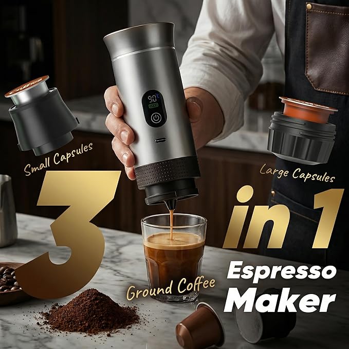 Portable Espresso Coffee Maker Battery Operated Rechargeable Travel Espresso Machine Self Heating Mini Coffee Maker for Camping &amp Car Works with Ground Coffee and Small/Large Capsules 80ml Cup