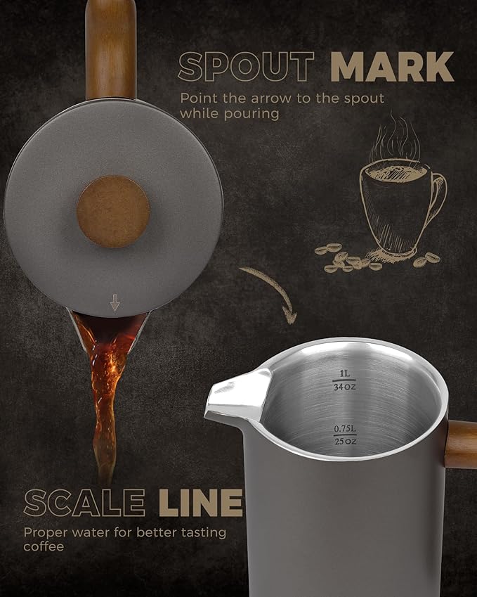 POLIVIAR French Press Coffee Maker 34 Ounce Coffee Press with Real Wood Handle Double Wall Insulation &amp Dual-Filter Screen Food Grade Stainless Steel for Good Coffee and Tea (Cliff)