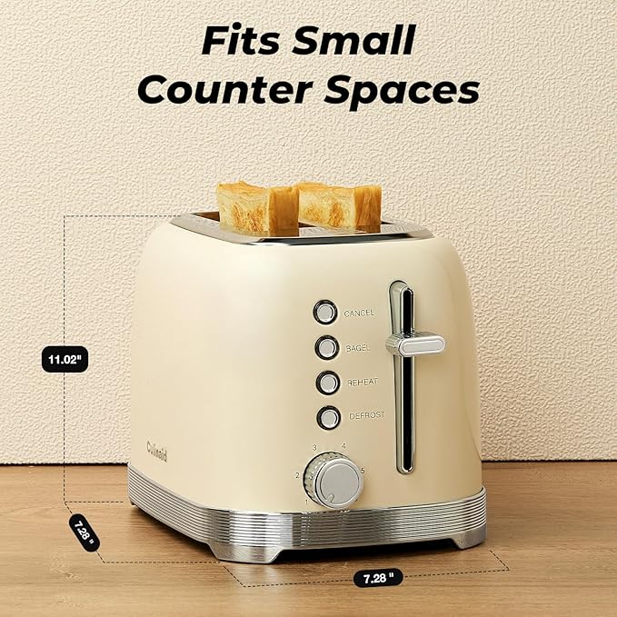 Toaster 2 Slice Retro Stainless Steel with 1.5” Extra Wide Slots Bagel Defrost Reheat Cancel Functions 6 Bread Shade Settings Removable Crumb Tray Cream White