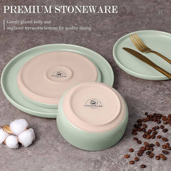 Vesteel 12-Piece Dinnerware set Ceramic Plates and Bowls set for 4 Speckled Stoneware Dishes Set for Family Microwave &amp Dishwasher Safe - Light Green