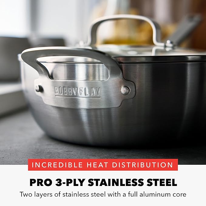 GreenPan x Bobby Flay Stainless Steel 3.75QT Saucepan with Glass Lid 8” and 10” Frying Pan Skillet Set and 3-Piece Knife Set Professional Grade Tri-Ply Stainless Steel Blades Induction Suitable