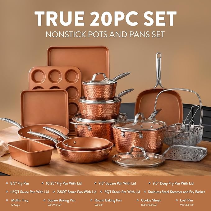 Gotham Steel Hammered 20 Pc Ceramic Cookware Set Nonstick True Ceramic Pots and Pans Set Non Stick with Deep Square Pan Set &amp Bakeware Set Non Toxic PFOA PFOS Free Oven &amp Dishwasher Safe