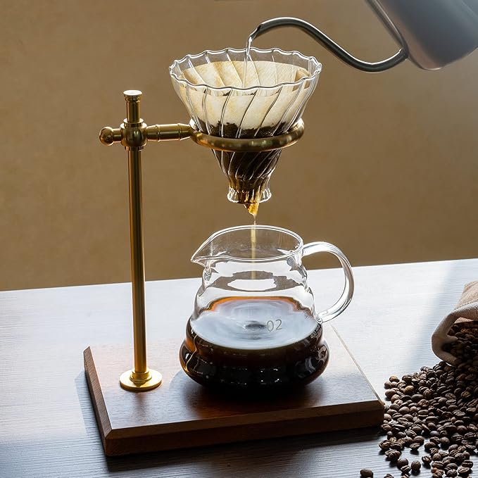 L'ÉPICÉA Pour Over Coffee Maker Set Pour Over Coffee Maker with Stand Adjustable Stainless Steel Stand Wooden Base Paper Filters Cone Glass Coffee Carafe Pour Over Coffee Dripper