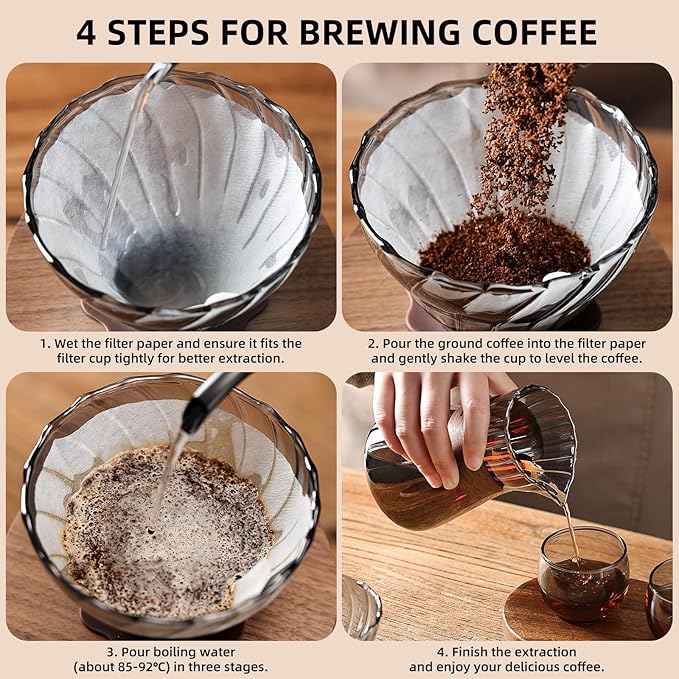 Bincoo Pour Over Coffee Maker Set - 500ML Glass Coffee Server Coffee Carafe with Walnut Dripper and 50PCS Paper Filter Drip Coffee Maker Set for Home Café Restaurant