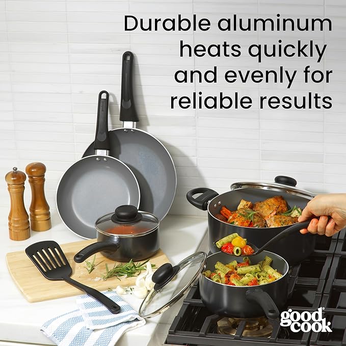 GoodCook Everyday Ceramic Nonstick Cookware Set Includes 8 &amp 10-Inch Fry Pans 1 &amp 2-Quart Covered Sauce Pans 4.7-Quart Covered Dutch Oven Turner and Basting Spoon 10-Piece Black
